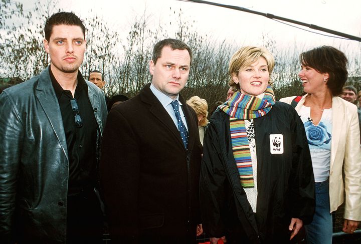 Keith Duffy, Jack Dee, Anthea Turner and Claire Sweeney arrive in the Big Brother house on 8 March 2001