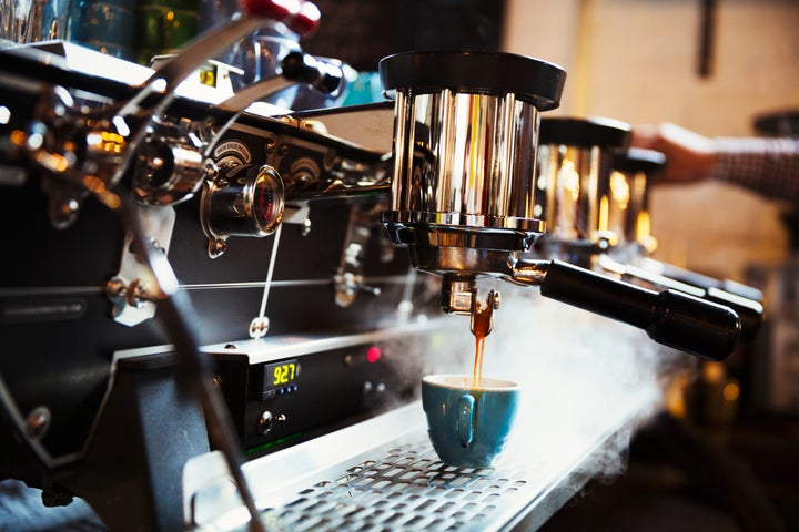 An espresso machine "uses 9-10 bars of pressure to push water through the grounds," says Sam Sabori, director of coffee at Intelligentsia.