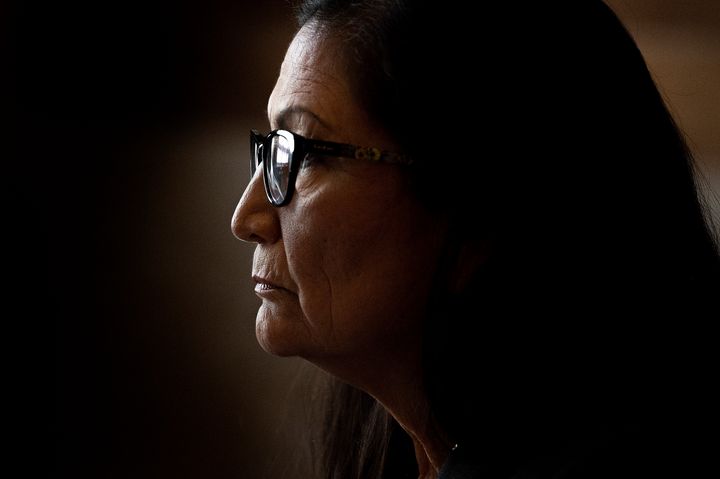 Rep. Deb Haaland (D-N.M.) speaks during a Senate Energy and Natural Resources Committee hearing on Feb. 23 on her nomination as interior secretary. Haaland would become the first Native American to lead the department and the first Native American Cabinet secretary.