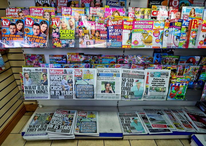 A general view of a newspaper stand in a local shop in Liverpool, showing the front pages of the papers after the Duke and Duchess of Sussex's interview with Oprah Winfrey.