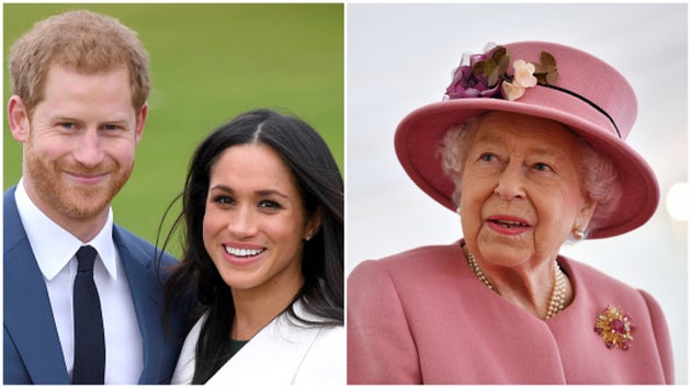 ヘンリー王子・メーガン妃(左)、エリザベス女王(右)