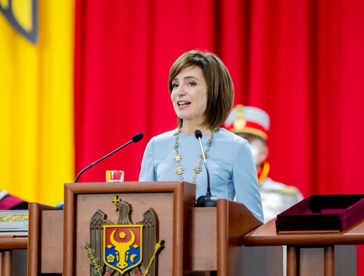 キシニョフで、就任演説を行うモルドバのサンドゥ大統領（撮影日：2020年12月24日）