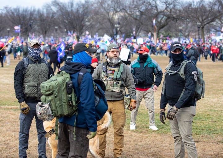 Men belonging to the Oath Keepers wearing military tactical gear attend the "Stop the Steal" rally on January 06, 2021 in Washington, DC,