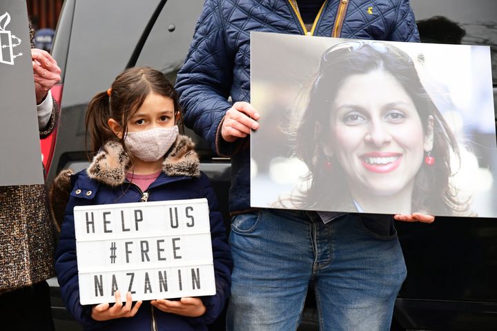 Nazanin Zaghari-Ratcliffe's daughter Gabriella at a protest outside the Iranian Embassy in London.
