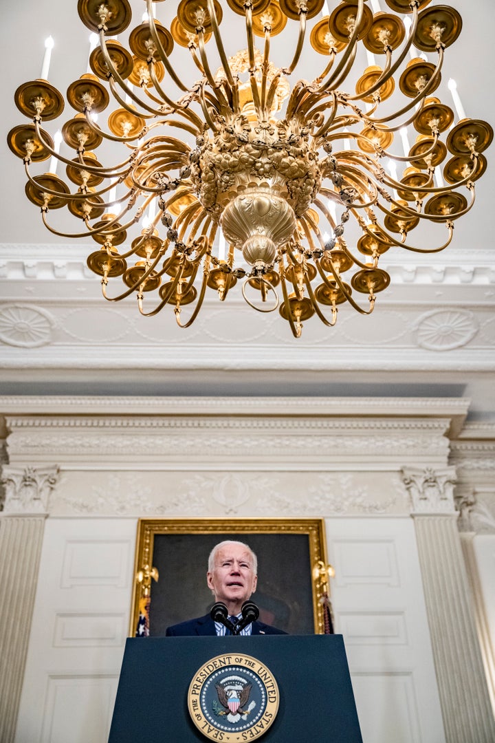 President Joe Biden speaks from the State Dining Room following the passage of the American Rescue Plan in the U.S. Senate at