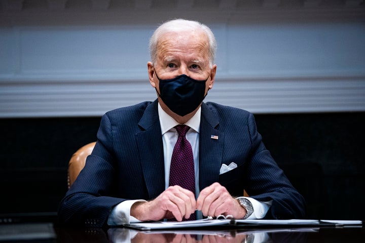 President Joe Biden speaks during a meeting with Treasury Secretary Janet Yellen and Vice President Kamala Harris in the Roos