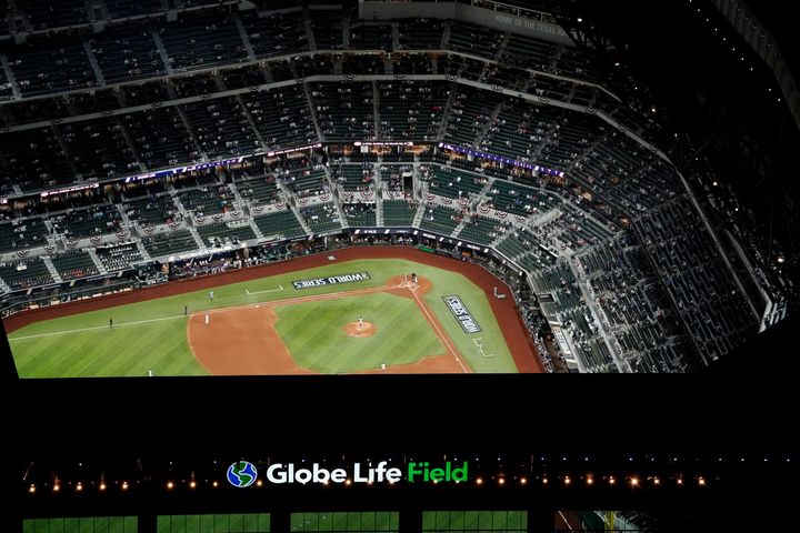 An aerial view of Globe Life Field with limited attendance during the 2020 World Series.