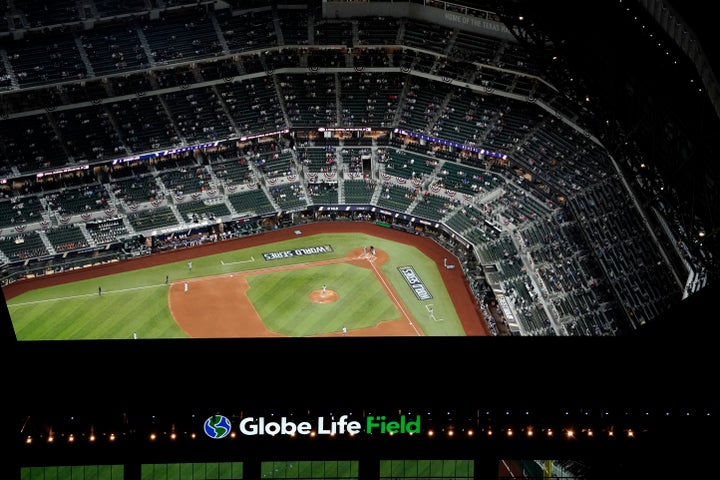 An aerial view of Globe Life Field with limited attendance during the 2020 World Series.