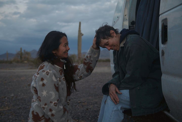 Chloé Zhao and McDormand on the set of "Nomadland."