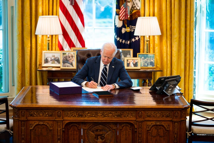 WASHINGTON, DC - MARCH 11: U.S. President Joe Biden participates in a bill signing in the Oval Office of the White House on M