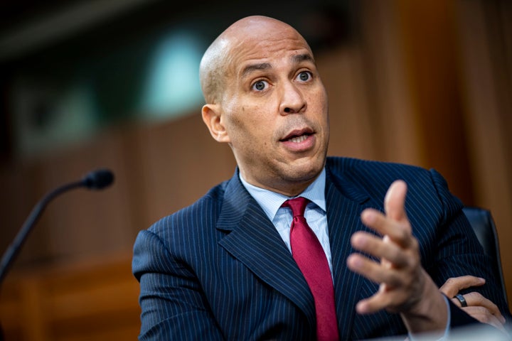 Sen. Cory Booker (D-N.J.) speaks as Judge Merrick Garland testifies before a Senate Judiciary Committee hearing, Feb. 22, 2021.