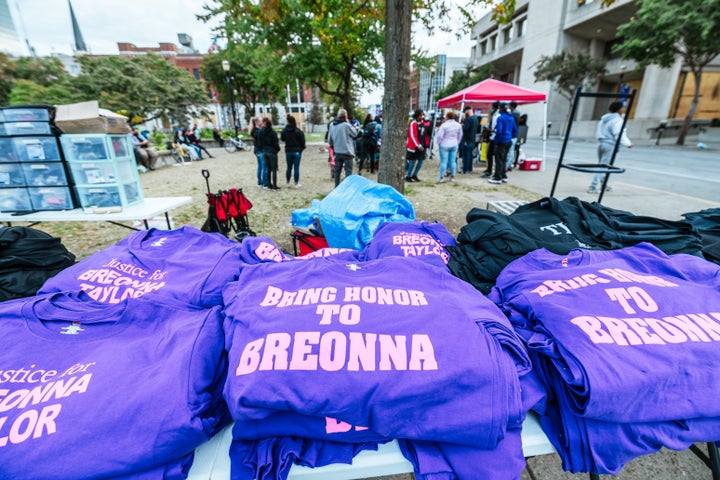 T-Shirts for sale mentioning Breonna Taylor on a table in Jefferson Square Park on Oct. 1, 2020 in Louisville, Kentucky.&nbsp