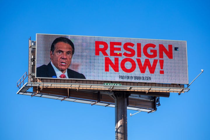 A billboard urging New York Gov. Andrew Cuomo to resign in Albany, New York.