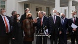 WASHINGTON, DC - FEBRUARY 03: Democratic senators, including (L-R) Sen. John Tester (D-MT), Sen. Sherrod Brown (D-OH), Sen. Maria Cantwell (D-WA), Sen. Ron Wyden (D-OR), Sen. Debbie Stabenow (D-MNI), Senate Majority Leader Charles Schumer (D-MY), Sen. Bernie Sanders (I-VT), Sen. Patrick Leahy (D-VT), Sen. Brian Schatz (D-HI), Sen. Robert Menendez (D-NJ) and Sen. Gary Peters (D-MI) talk briefly to reporters outside the West Wing after meeting with U.S. President Joe Biden to discuss his $1.9 trillion American Rescue Plan at the White House on February 03, 2021 in Washington, DC. In an effort to generate bipartisan support for his plan, Biden met with Republican senators a day earlier to discuss his COVID-19 relief plan, which Democrats are working to push through Congress with or without the GOP.