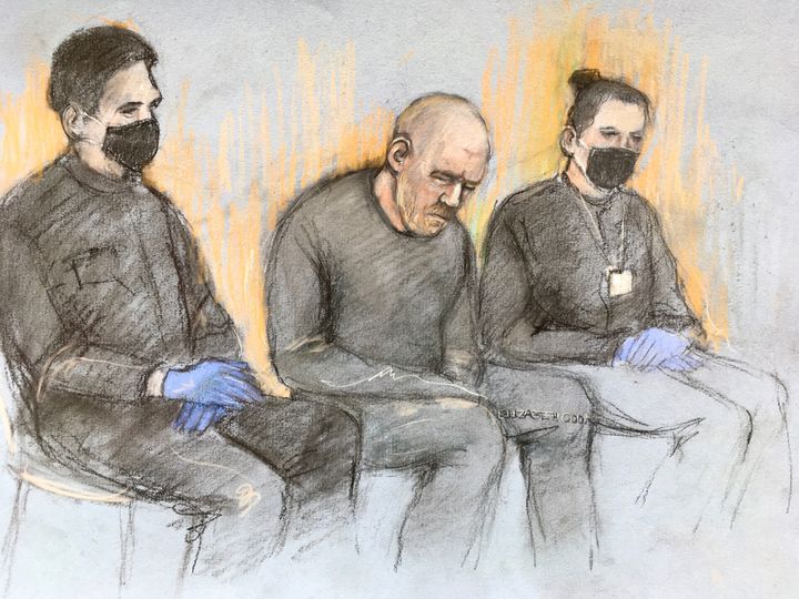 Court artist sketch by Elizabeth Cook of serving police constable Wayne Couzens (centre), appearing in the dock at Westminster Magistrates’ Court, in London where he is charged with murder and kidnapping of Sarah Everard