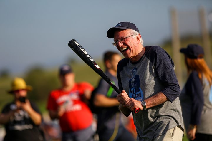 Bernie Sanders playing baseball in Iowa in August 2019.