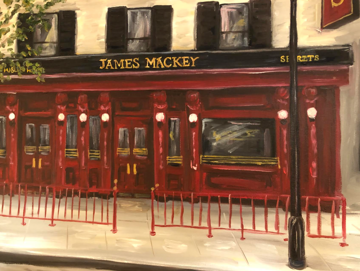 A painting the author made for her husband, commemorating the pub where they met. The building, in Washington, D.C., is now a Peruvian restaurant.