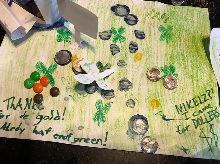 The author's daughter's leprechaun trap from St. Patrick's Day, 2020, on which a cheeky leprechaun left his correspondence an