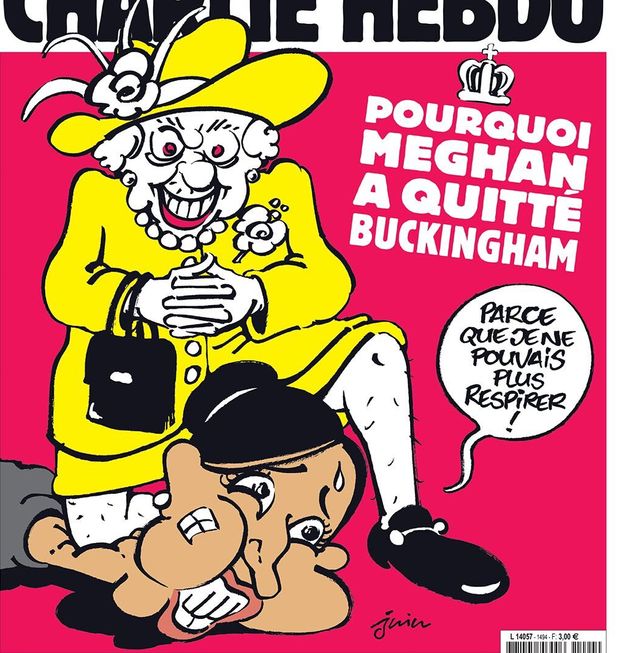 Cette Une de Charlie Hebdo en date du 10 mars a fait polémique au Royaume-Uni, la comparaison entre Meghan Markle et George Floyd ne passant pas du tout outre-Manche.