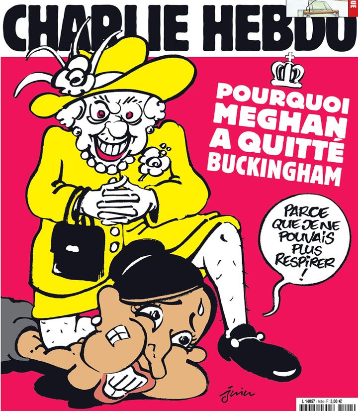 The cover of Charlie Hebdo. The speech bubble coming from the figure meant to depict Meghan Markle says, "Because I couldn't breathe anymore!"