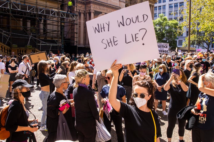 Protesters gather at Sydney's Town Hall on March 15, 2021 as part of the March4Justice demonstrations.