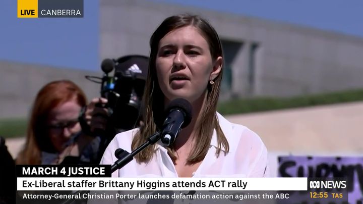 Brittany Higgins speaks at a March4Justice protest in Canberra on Monday, March 15.