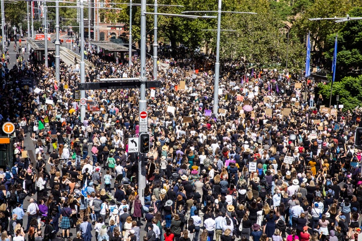 Crowds at Sydney's Town Hall at the March4Justice protest on March 15, 2021.