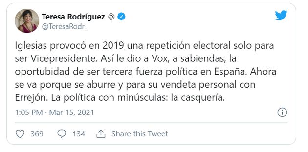 Teresa Rodríguez carga contra Iglesias y después borra el tuit: 