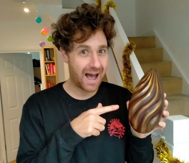 Adam and the shimmer egg – yes, that is tinsel on his stairs. 