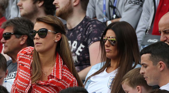 Coleen Rooney and Rebekah Vardy pictured in the stands of a Euro 2016 game around five years ago