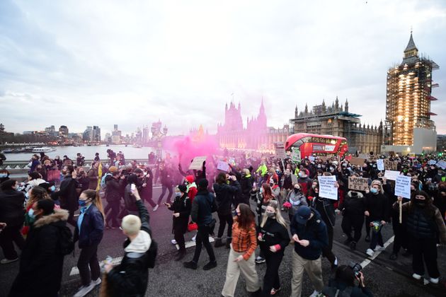 Demonstrators during a Reclaim the Streets protest on Westminster Bridge, central London, in memory of Sarah Everard who went missing while walking home from a friend's flat on March 3