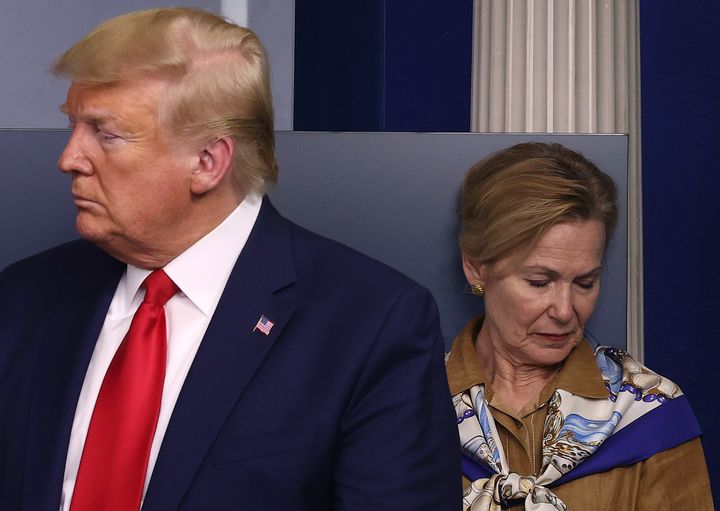 Deborah Birx and Donald Trump participate in a briefing following a meeting of his coronavirus task on April 6, 2020.