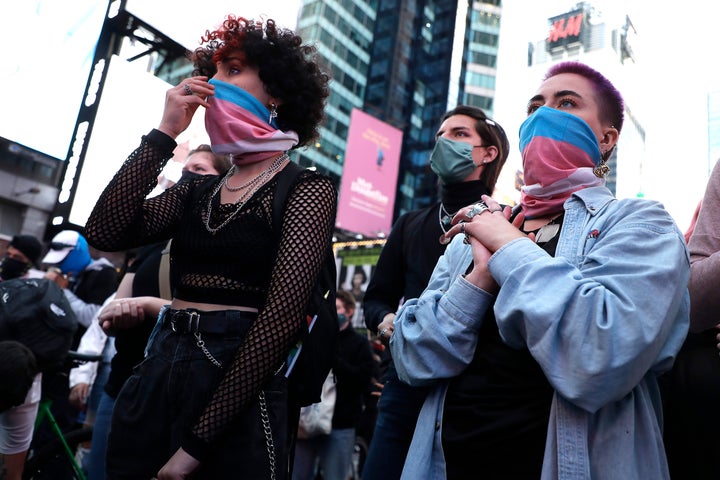 Demonstrators gather in Times Square on Oct. 2, 2020, to protest the police shooting of Roxanne Moore, a transgender woman.