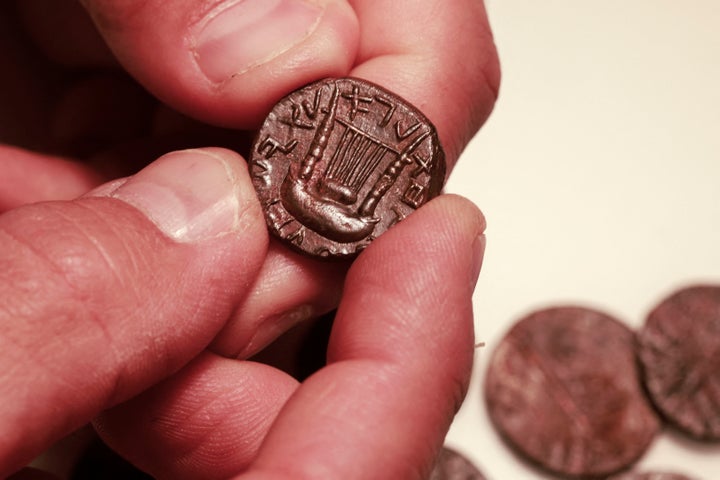 Ancient coins from the Bar Kochba Revolt period dating back to 132-136 AD, that were unearthed from an area in the Judean Desert.