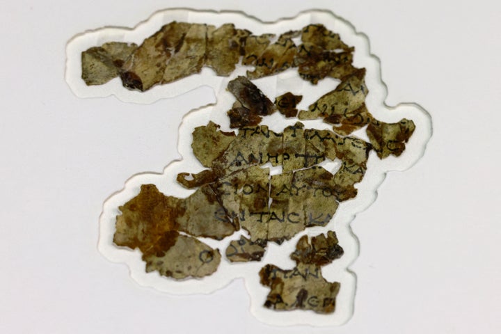 Recently-discovered biblical scroll fragments from the Bar Kochba period are displayed at the Israel Antiquities Authority's Dead Sea conservation lab in Jerusalem.