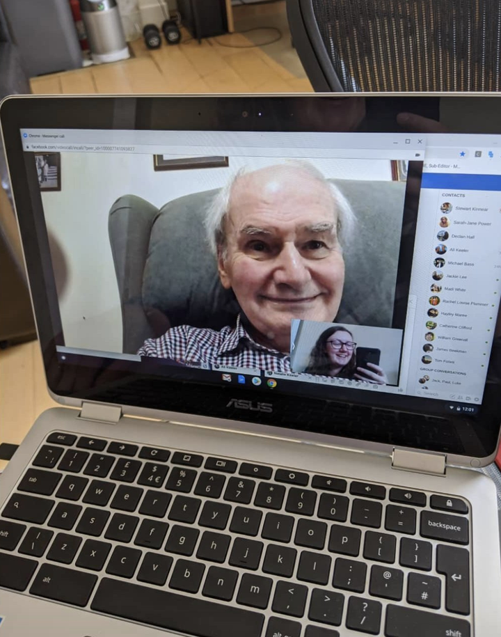 "This is a picture of my Grandad on his 87th birthday in July 2020. Having video calls with him throughout this past year has been such a comfort for me, and looking back on this photo and seeing him so cheerful always makes me smile. It also features his adorably hilarious DIY haircut! Usually his camera is pointed towards the ceiling (or if I’m lucky, I’ll get a pair of eyebrows), so it’s also quite a novelty to see his face properly." – Natalie Keeler, 28, South London.