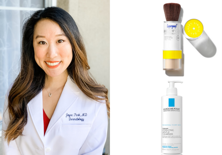 Dr. Joyce Park with a couple of her favorite products: Supergoop! (Re)setting 100% Mineral Powder SPF 35 and La Roche-Posay Toleriane Hydrating Gentle Cleanser