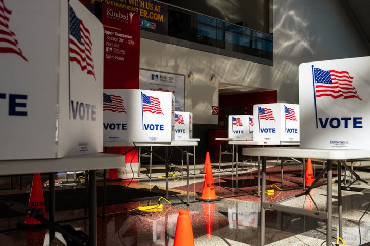 Empty voting boots sit at the KFC YUM! Center on October 13, 2020, in Louisville, Kentucky.