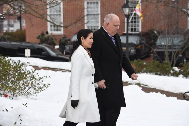 Maryland Gov. Larry Hogan and his wife, Yumi Hogan, arrive for his second inauguration ceremony on Jan. 16, 2019, in Annapolis.