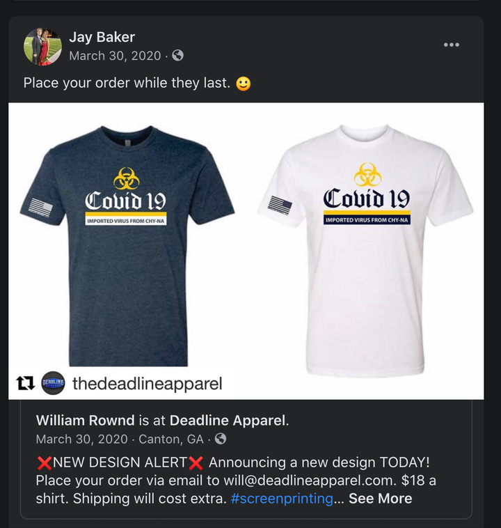 A screenshot of Cherokee County sheriff's Capt. Jay Baker promoting a T-shirt with a design insulting to the Asian community.