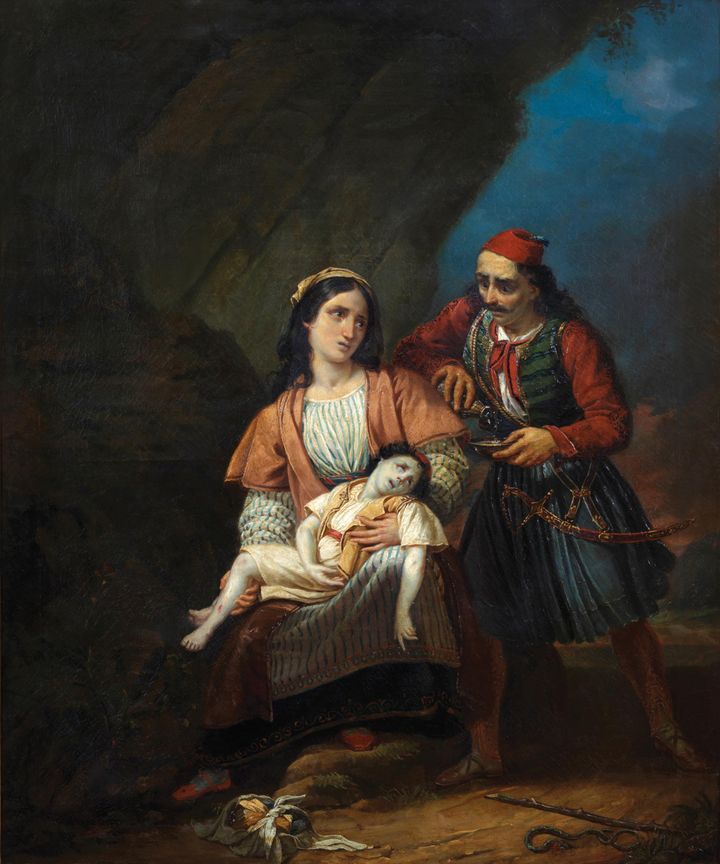 Ελληνίδα Μάνα με το νεκρό παιδί της, Αγνώστου, Γαλλικής σχολής, Α' μισό 19ου Αιώνα, Λάδι σε μουσαμά, 83 X 100 εκ.