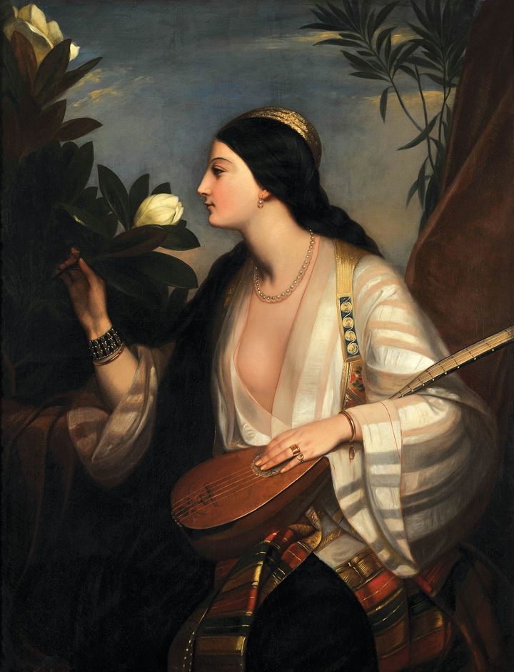 Ελληνίδα που παίζει λαγούτο, 1847 Charlemagne- Oscar Guet (1801-1871), Λάδι σε μουσαμά, 120 X 94 εκ., Ενυπόγραφο, κάτω αριστερά: "Guet 1847"
