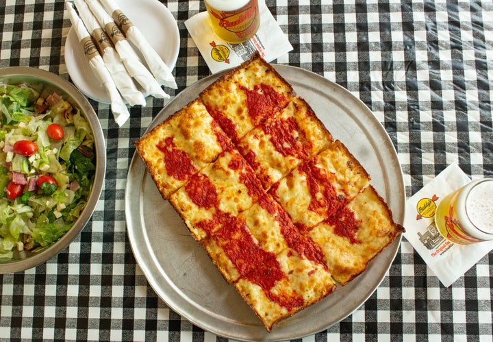 A classic rectangle from Buddy's Pizza, which is credited with making Detroit-style pizza famous in the 1940s.