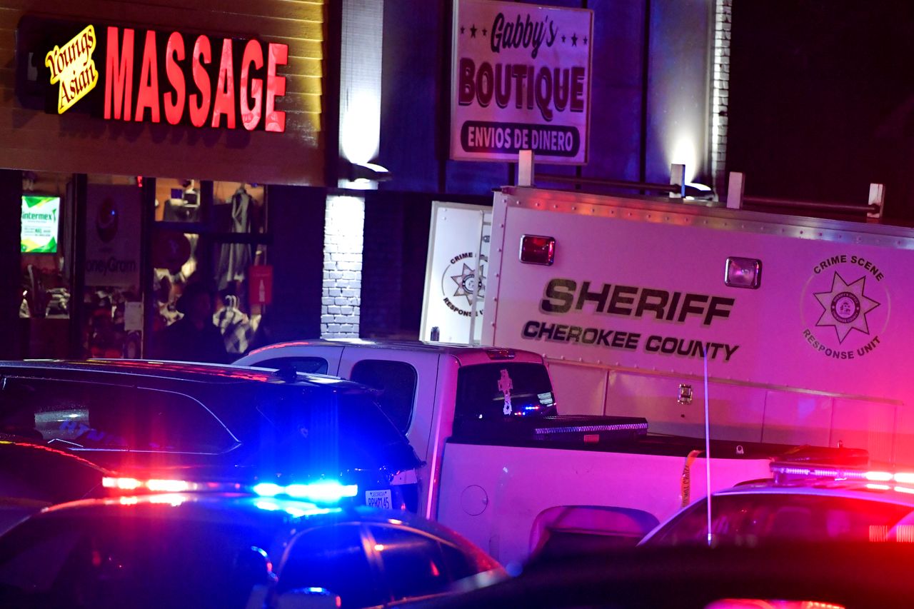 Authorities in Acworth, Georgia, investigate one of the fatal massage parlor shootings on March 16, 2021. Eight people were killed in attacks on three Atlanta-area massage parlors. 