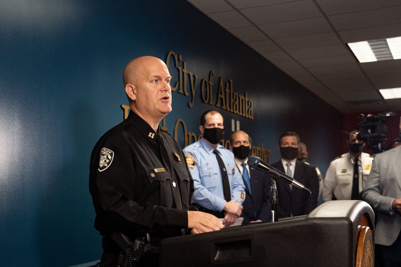 Capt. Jay Baker of the Cherokee County Sheriff's Office speaks at a press conference on March 17, 2021 in Atlanta after mass shooting suspect Robert Aaron Long, 21, was arrested for the Atlanta-area attacks that killed eight people. 