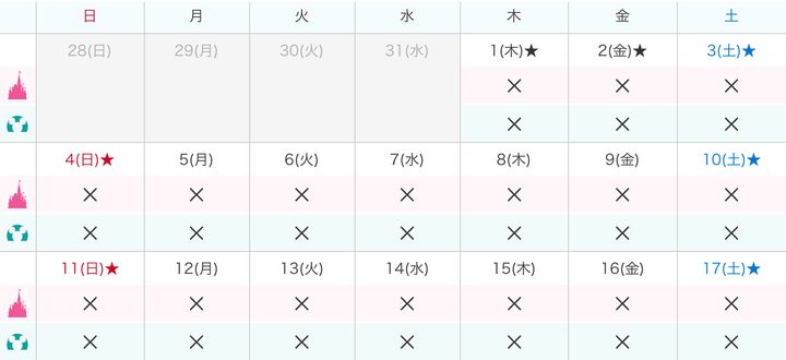 チケットの販売状況（4月・17日まで）。星印がついている箇所が休日用料金となる。画像は3月19日正午時点の画面