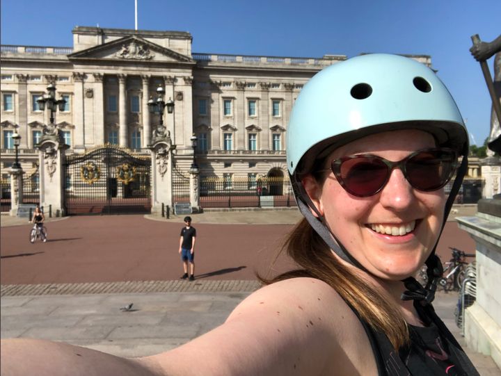 "This photo was taken on the May 9 2020. We had decided, on what should have been our wedding day, to dust off the bikes and do something different for our one trip outside for exercise. We headed to Victoria and cycled past Buckingham Palace, because normally you would avoid it due to all the tourists. It was so very strange to see the palace and the mall empty. Eerie, but exciting! This is one of my favourite lockdown memories as in that moment, London was ours. It was liberating to have such freedom in a city normally so full of cars and people." – Rebecca Caldicott, 35, Clapham Junction, London.