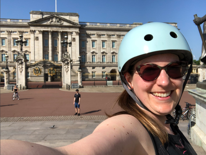"This photo was taken on the May 9 2020. We had decided, on what should have been our wedding day, to dust off the bikes and do something different for our one trip outside for exercise. We headed to Victoria and cycled past Buckingham Palace, because normally you would avoid it due to all the tourists. It was so very strange to see the palace and the mall empty. Eerie, bbut exciting! This is one of my favourite lockdown memories as in that moment, London was ours. It was liberating to have such freedom in a city normally so full of cars and people." – Rebecca Caldicott, 35, Clapham Junction, London. 