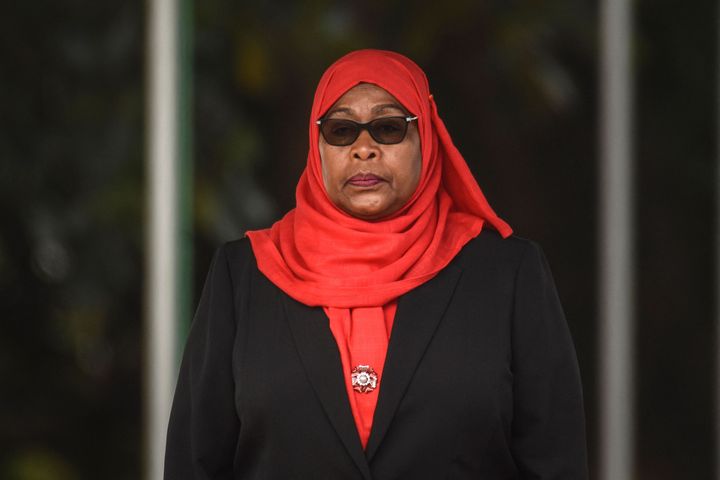 Tanzanian President Samia Suluhu Hassan inspects a military parade following her swearing in the country's first female president in Dar es Salaam, Tanzania, on March 19, 2021.