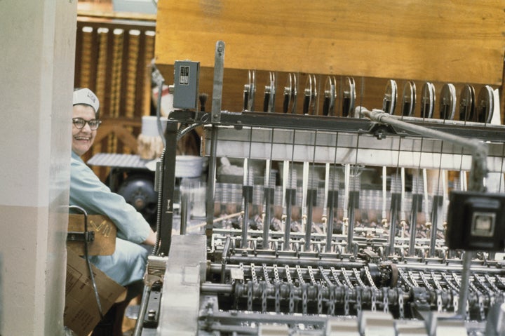 The production line at the original Hershey chocolate factory in Hershey, Derry Township, Pennsylvania, in November 1969.